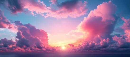 Pink and blue sunset sky with fluffy clouds.