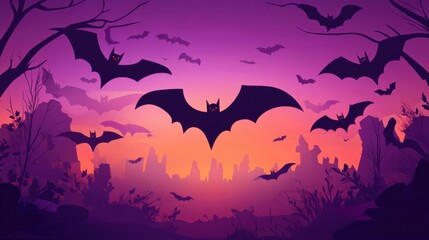 Fototapeta premium Halloween banner with purple background and bat silhouette