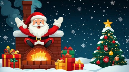 Happy cartoon Santa Claus in a chimney, with presents and a Christmas tree beside a warm fireplace, celebrating the festive season
