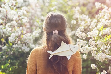 A teenage girl seen from behind with a paper fish on her back, standing in a blooming garden, April Fools' Day 2