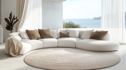 Fototapeta premium Modern Sectional Sofa with Ocean View and Round Rug in Living Room
