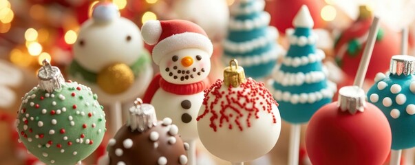A colorful array of festive cake pops featuring holiday shapes like reindeer, snowmen, and Christmas trees, elegantly arranged on a dessert table