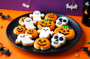 Halloween cookies covered by icing sugar on the black plate on purple and orange background with black bats