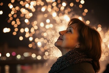 A middle-aged woman, watching fireworks by the riverside on New Year's Eve 1