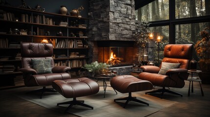 Mid-century decor with leather chairs, grey sofa, and fireplace, merging elegance with a vintage...