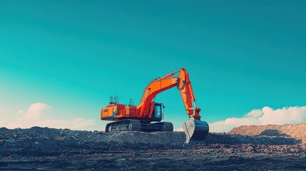 excavator blue sky heavy machine construction site. Creative Banner. Copyspace image