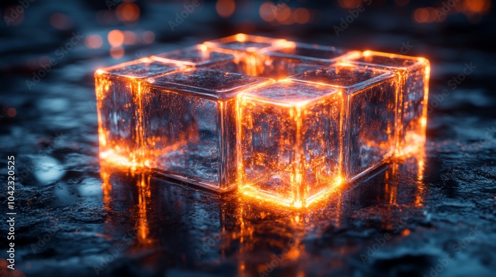 Leinwandbilder translucent ice cubes radiate an orange glow in a dimly lit space, creating a striking contrast betw
