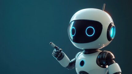Positive cute robot pointing at a space. Copy space, ai generated