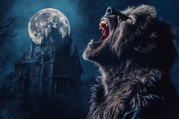 A middle-aged man in a werewolf costume howling at the moon on a hill with a haunted house in the background 1