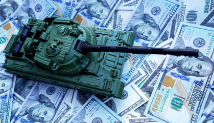 Tank on banknotes background. Currency war. War costs, military spending. Making money from war....
