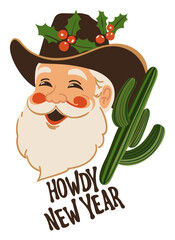 Santa Claus in retro cowboy style. Howdy New Year. Vector isolated illustration