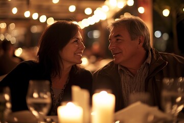 A middle-aged couple enjoying a romantic dinner at a candle-lit restaurant on Valentine's Day 1