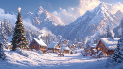 Fototapeta premium Snowy mountains with simple houses and a decorated Christmas tree in the village center.