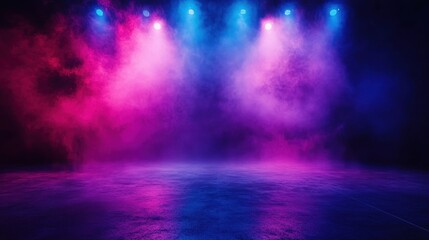 The dark stage shows, empty dark blue, purple, pink background, neon light, spotlights, The asphalt floor and studio room with smoke float up the interior texture for display products