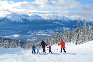 A family skiing together down snowy mountain slopes, with bright winter skies above
