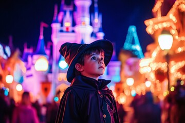 A little boy dressed as a wizard standing in a colorful, illuminated castle with Halloween decorations 3