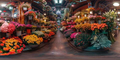 Fototapeta premium An immersive 360-degree panorama of a vibrant flower market, with stalls overflowing with colorful blooms and the fragrant