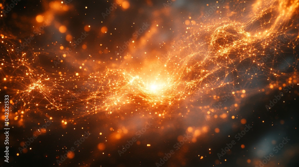 Poster A dynamic display of orange and gold particles bursts forth, creating a stunning visual effect in the depth of space. The energy swirls amidst a dark backdrop.
