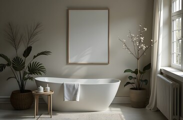 Fototapeta premium This relaxing bathroom showcases a modern freestanding tub, surrounded by stylish plants and natural light, creating a peaceful atmosphere for unwinding