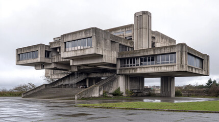 Obraz premium Modern Concrete Architecture Building with Large Windows and Staircase