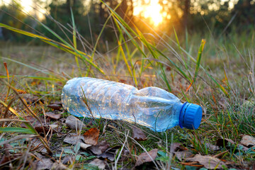 Obraz premium Plastic bottle thrown away in forest. Garbage in nature, reusable products. Rubbish thrown in forest. PET Plastic water bottle thrown out in nature. Waste in nature. Abandoned pet garbage waste.