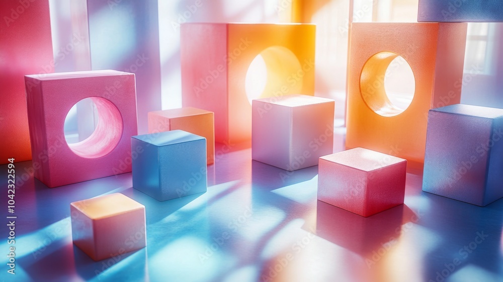 Poster Brightly colored geometric shapes of various sizes and forms are arranged on a shiny surface, illuminated by soft light creating gentle shadows in a cheerful space.