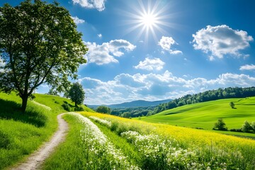 Obraz premium A winding dirt path leads through lush green hills adorned with colorful wildflowers, bathed in warm sunlight, showcasing the beauty of spring