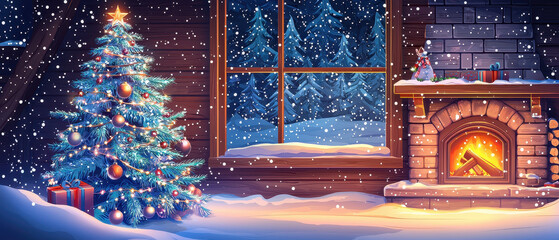 A cozy winter scene featuring a decorated Christmas tree and a glowing fireplace, with snow gently falling outside the window.
