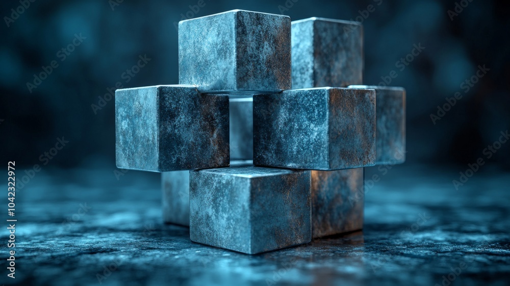Leinwandbilder A cluster of shiny metallic cubes is positioned artistically on a textured surface, showcasing a unique and intriguing geometric design with subtle reflections in a low-light setting.