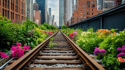 Fototapeta premium Elevated Train Tracks with Blooming Flowers