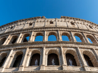 Panoramic view of the facade of the Colosseum in Rome Italy