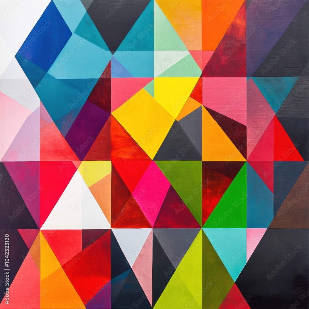 Poster the artwork showcases vibrant triangles and geometric shapes in a striking arrangement against a con