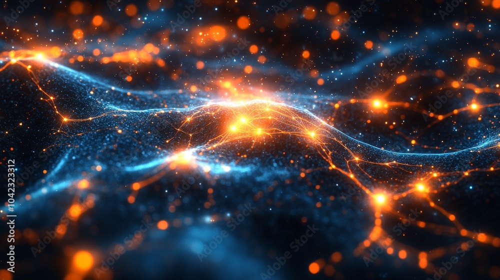 Poster The artwork features a vibrant cosmic expanse filled with glowing nodes and flowing lines, evoking a sense of motion and interconnectedness in a digital realm.