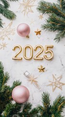 Elegant horizontal layout with 2025 in gold amidst Christmas decorations, perfect for festive promotional materials.