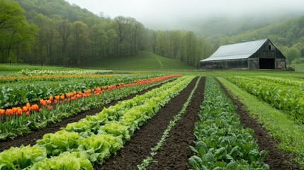 Obraz premium Farmland with Barn and Crops in the Fog
