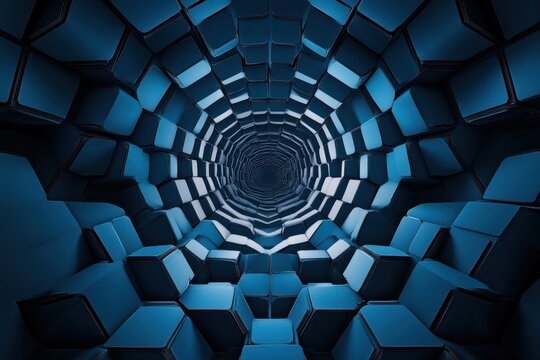 Layered hexagons create a three-dimensional effect, drawing the eye inward in a captivating blue abstraction on a digital canvas. Generative AI