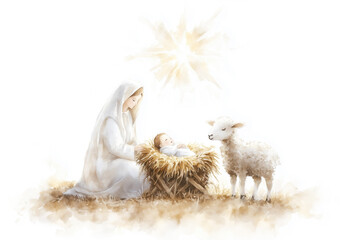 Nativity Scene with Mary, Lamb and Jesus in Manger Watercolor Illustration on White