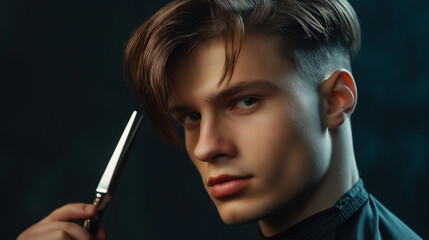 Obraz premium Medium Shot Men's haircut, handsome barber with scissors in hand