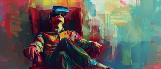 Fototapeta premium Digital art depicting a man seated in an armchair, immersed in a virtual reality experience while
