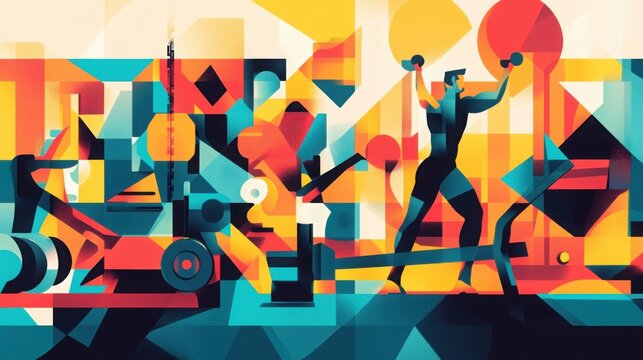 Abstract geometric fitness art with weightlifting concept for modern decor