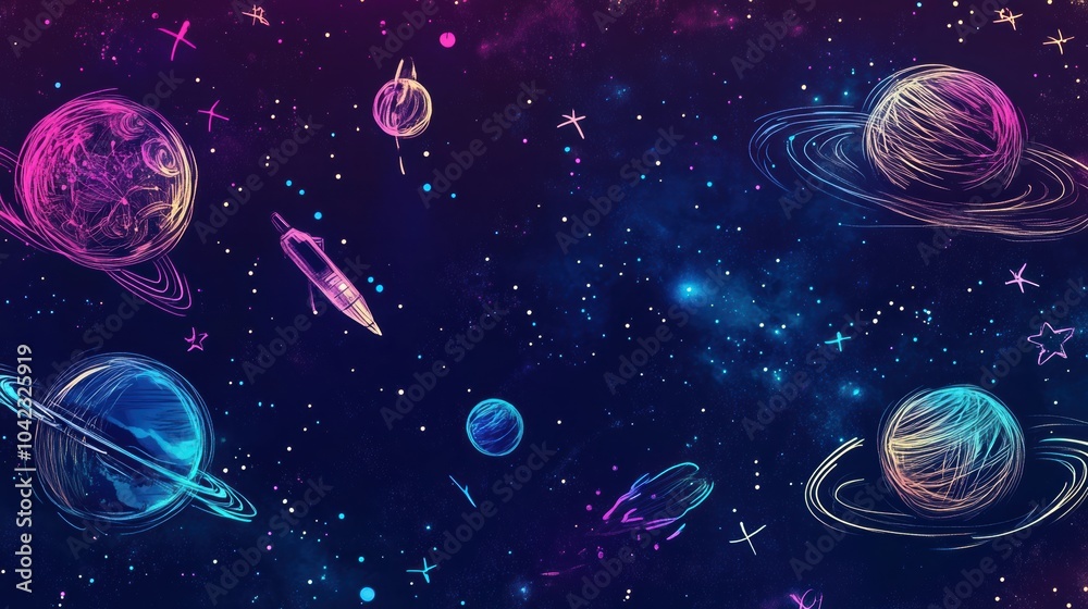 Poster a collection of cosmic doodles showcases vibrant planets, twinkling stars, rockets, and floating ast