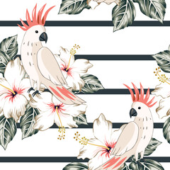 Tropical cockatoo parrots, hibiscus flowers, leaves, striped background. Vector seamless pattern. Floral illustration. Exotic plants, birds. Summer beach design. Paradise nature © ojardin