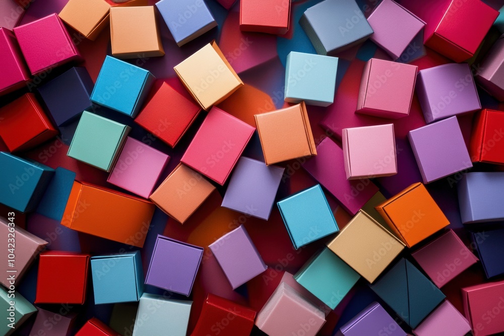 Poster Various small gift boxes in bright colors are spread out on a surface, showcasing their different sizes and cheerful designs. Generative AI
