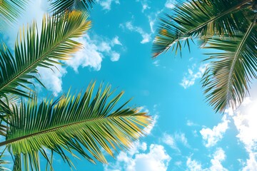 Naklejka premium A group of palm trees with a blue sky in the background