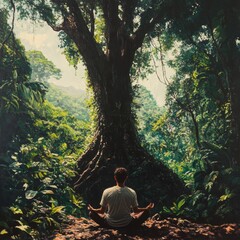Fototapeta premium A Man Meditating in a Lush Rainforest Setting