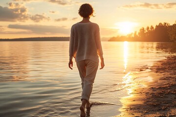 Middle-aged woman with short hair, wearing a cardigan and pants, walking barefoot along the water's edge at sunset 1
