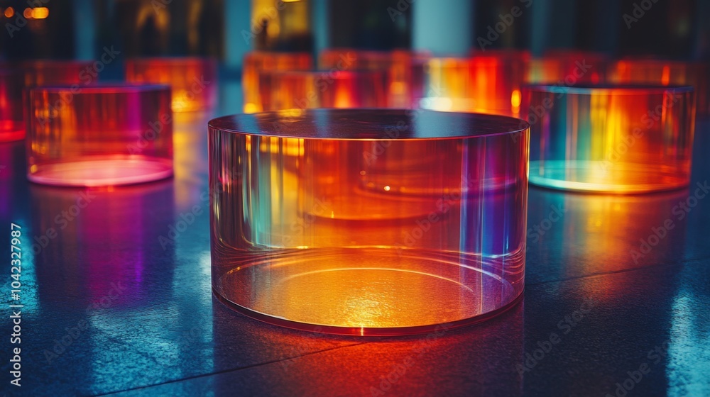 Poster translucent cylinders in vibrant colors are scattered across a polished surface, creating an artisti