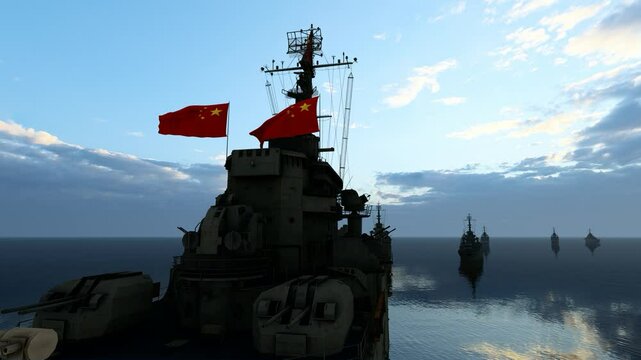 Chinese warship confronting opposing naval vessels.