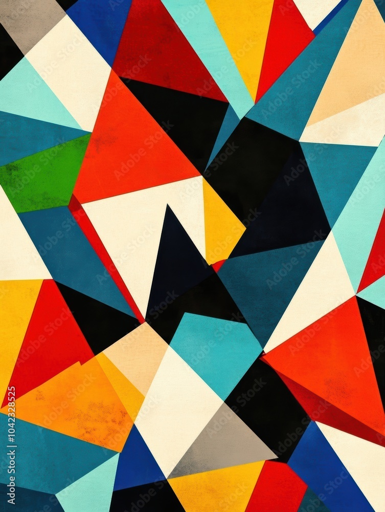 Poster Vibrant triangular shapes in various colors create a striking geometric abstraction, showcasing bold contrasts and intricate designs. Generative AI