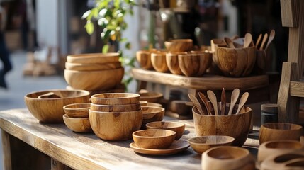 Handcrafted wooden bowls and utensils on display